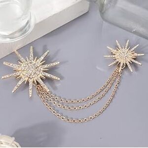 Gold Crystal Starburst Chain Brooch Pin